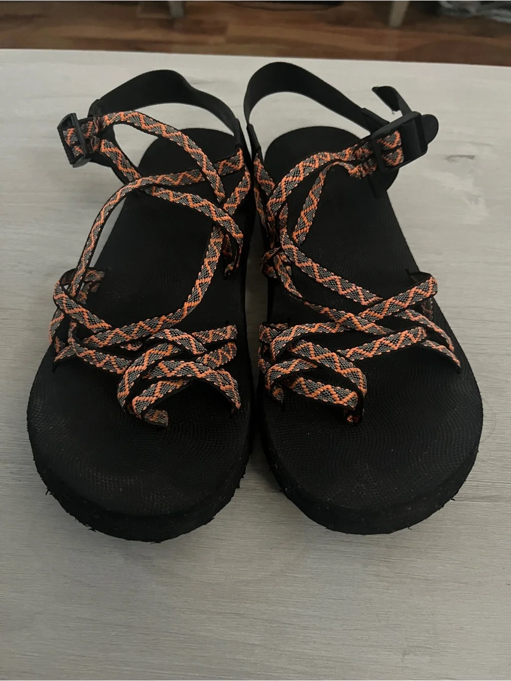 Women's Black Sandals with Orange Braided Straps